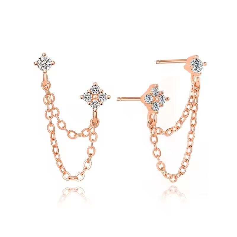 Arrival Double Ear Studs Tassel Chains Hanging Earrings for Women Ear Piercing 3 Metal CZ Jewelry