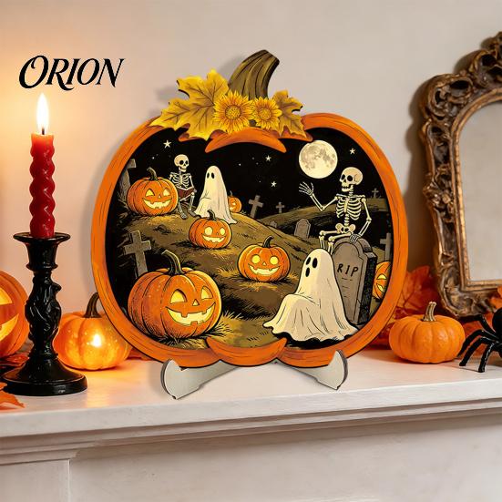 Dark Academia Room Decor Halloween Wooden Pumpkin Sign, LED Light Up Ghost Hanging Gothic Home Accessories Wall Sign for Indoor Outdoor Holiday Party
