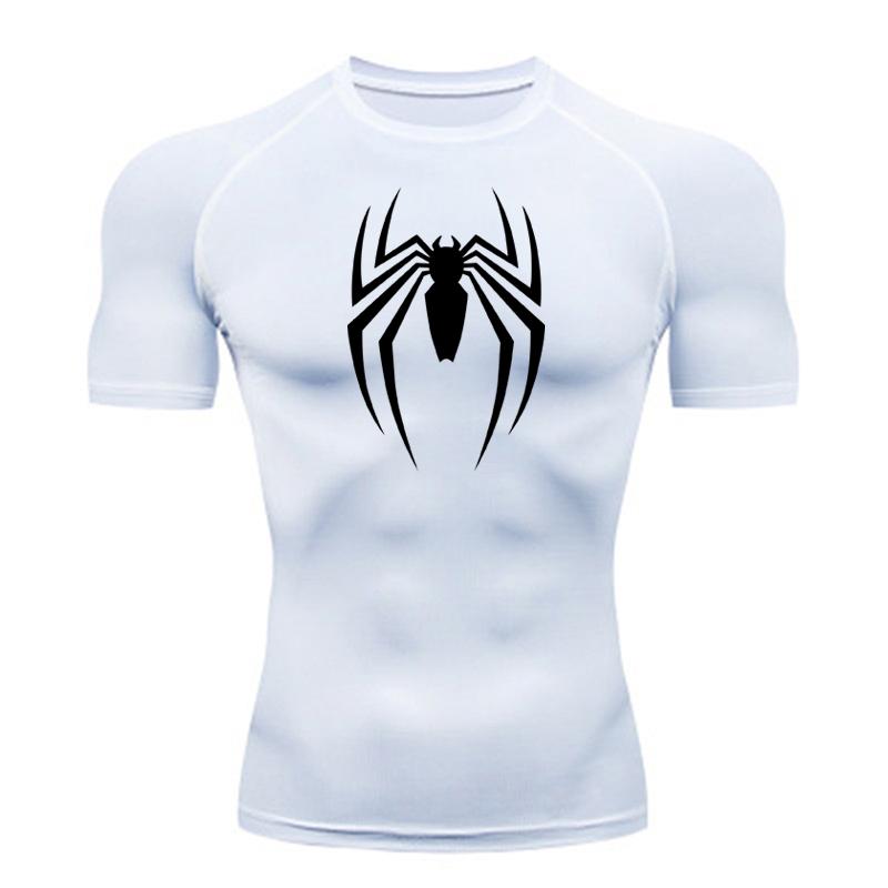 Maglietta da corsa estiva da uomo a maniche corte, maglietta a compressione da palestra, top sportivo, bianco e nero, asciugatura rapida, traspirante, abbigliamento fitness MMA