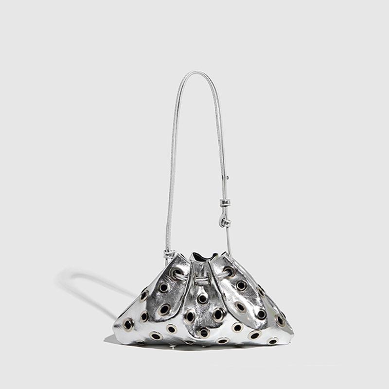 Women Metal Stud Shoulder Bag Large Capacity Retro Hollow Handbag Drawstring Crossbody Bag Shopping Vacation Handbag AVE