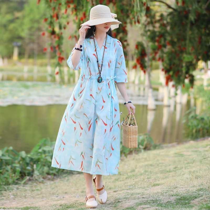 Übergröße V-Ausschnitt Langes Kleid Ethnischer Druck Schlitzärmel Lockere Taille Bindekleider