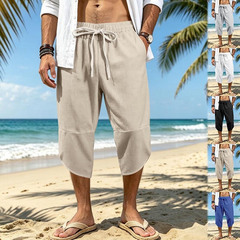 Mens Summer Beach Casual Waffle Knit Loose 3 4 Shorts