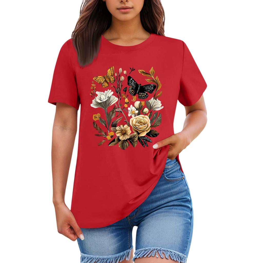 Ladies' Loose Comfortable Casual Fashionable Plant Flower Printed Round Neck Short Sleeved Shirt