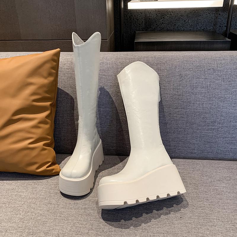 2025 New 8.5cm Women's Thick Bottom Long Boots Ankle High Autumn New Style Knight Boots Round Toe Simple Design Casual Boots