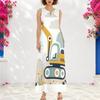 Damen Plus Size Ärmelloses Maxikleid mit kleinem V-Ausschnitt, Cartoon-Bagger-Fahrzeugdruck, Locker, Sommerlich, Lässig, Lang