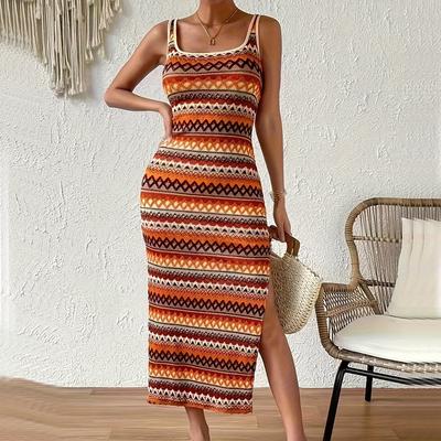 Summer Square Collar Stripe Side Slit Long Dress Women Bohemia Bodycon Dress Sexy Package Hips Sleeveless Tank Dresses Clothing