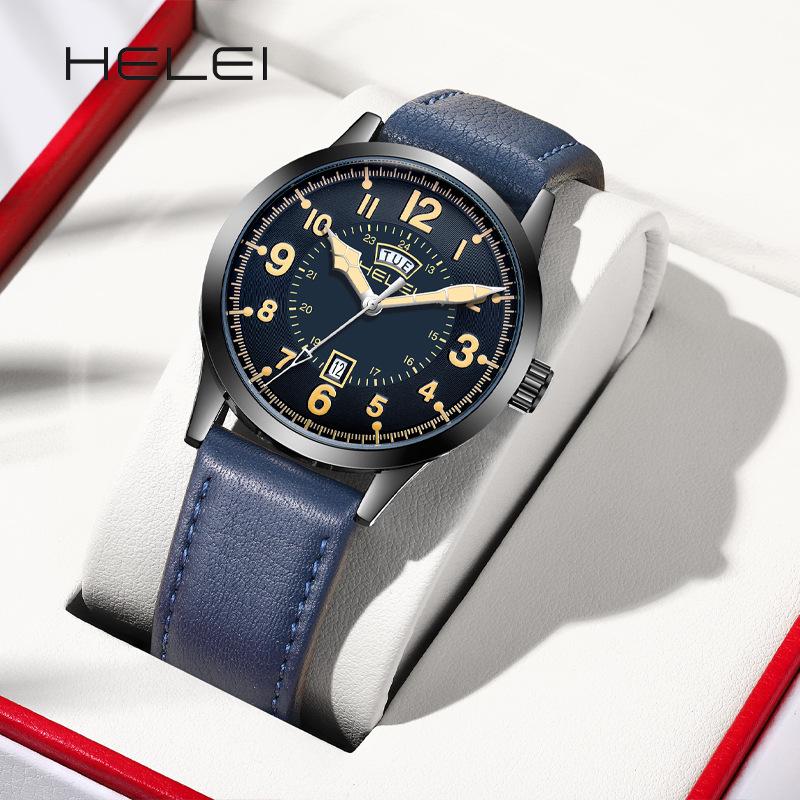 HELEI Wasserdichte Herren-Quarzuhr mit echtem Lederarmband - Modell H9019