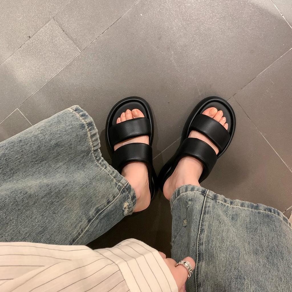 Lambskin double-belt bread slippers women's outer wear 2025 summer casual thick-soled heightening sandals