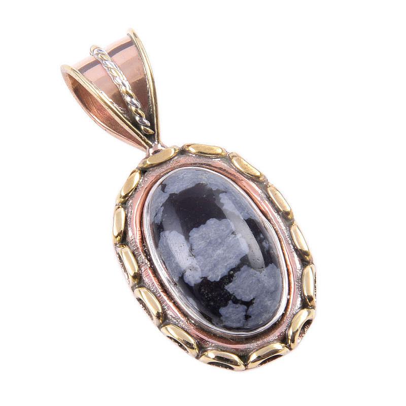 Natural Snowflake Obsidian Gemstone 925 Solid Silver Two Tone Pendant 1.50" S1f01