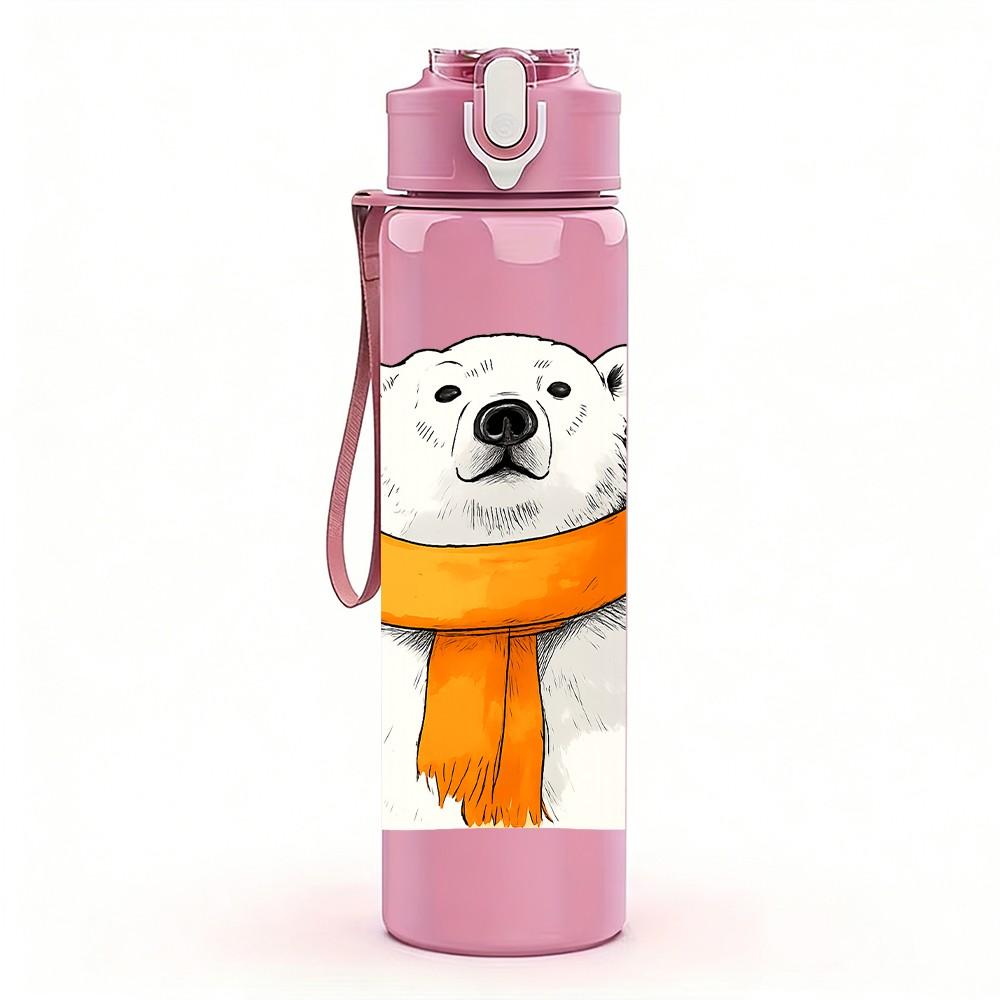 1PC Scarf Polar Bear Cartoon 750ml Color Plastic Sports Water Bottle Leakproof Flip Straw Lid Suitable for Sports Office Home Use