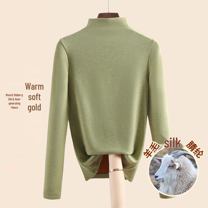 Women's Mulberry Silk Wool Fleece-Lined Warm Base Layer, Mid-High Neck, Autumn/Winter 2025 Collection