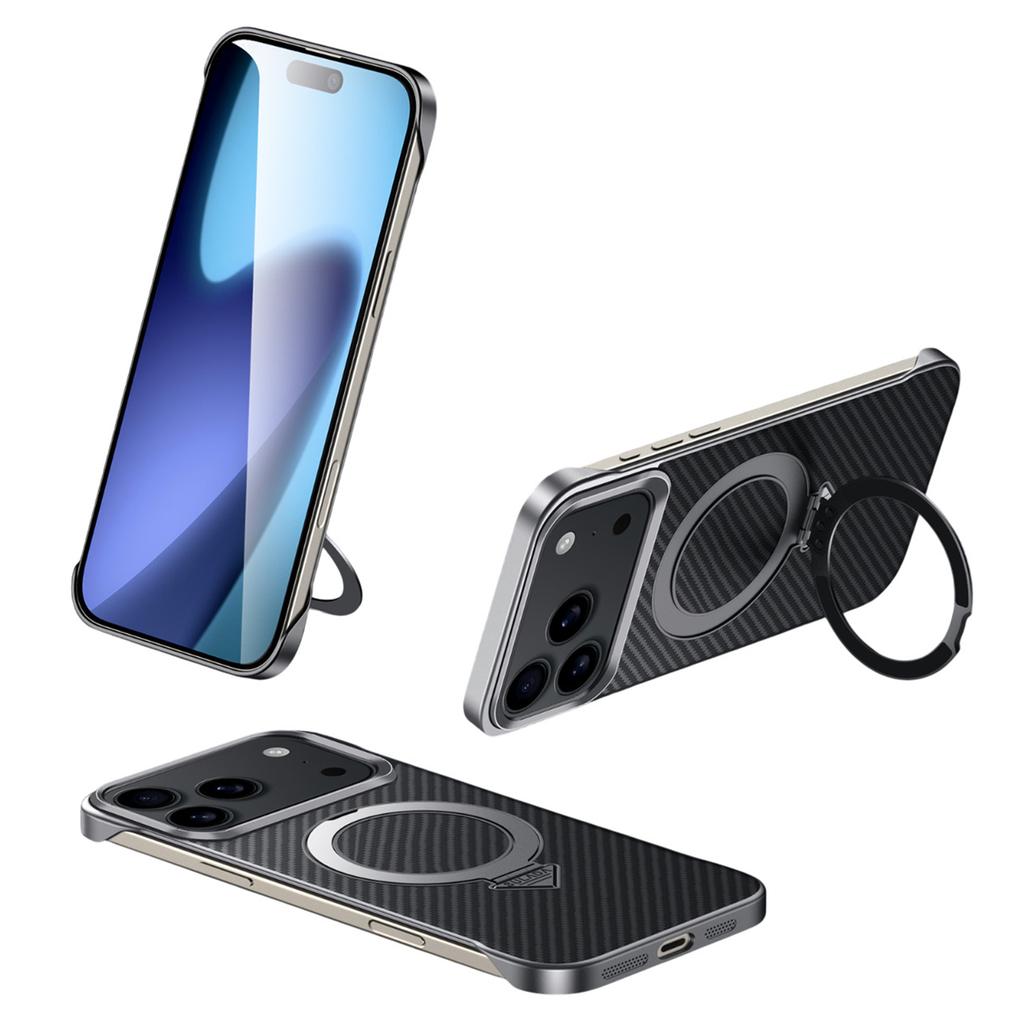 SULADA For iPhone 17 Pro Case Compatible with MagSafe Kickstand PU+PC Phone Cover Carbon Fiber Texture