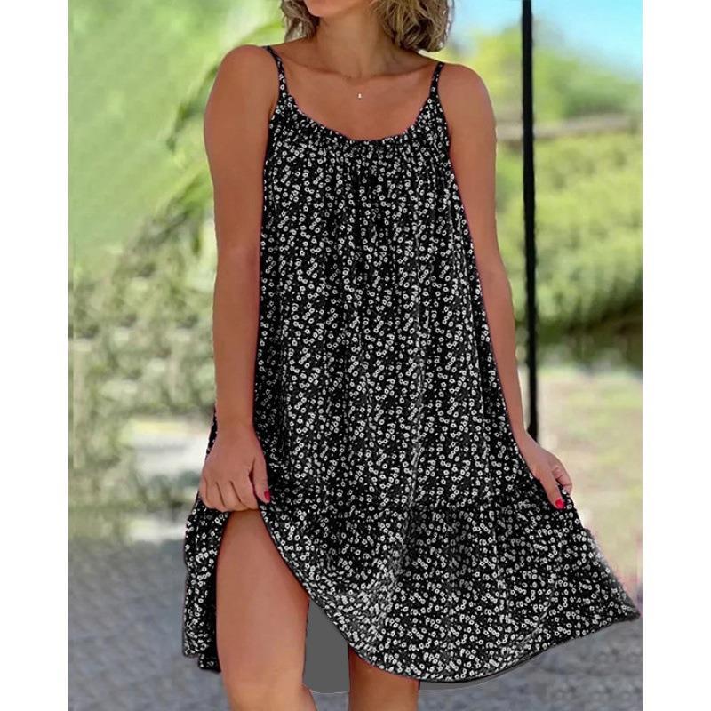 New Summer Women's Short Skirt Fashionable Dazzling Floral Print Sexy Sleeveless Strap U Neck Short Dress