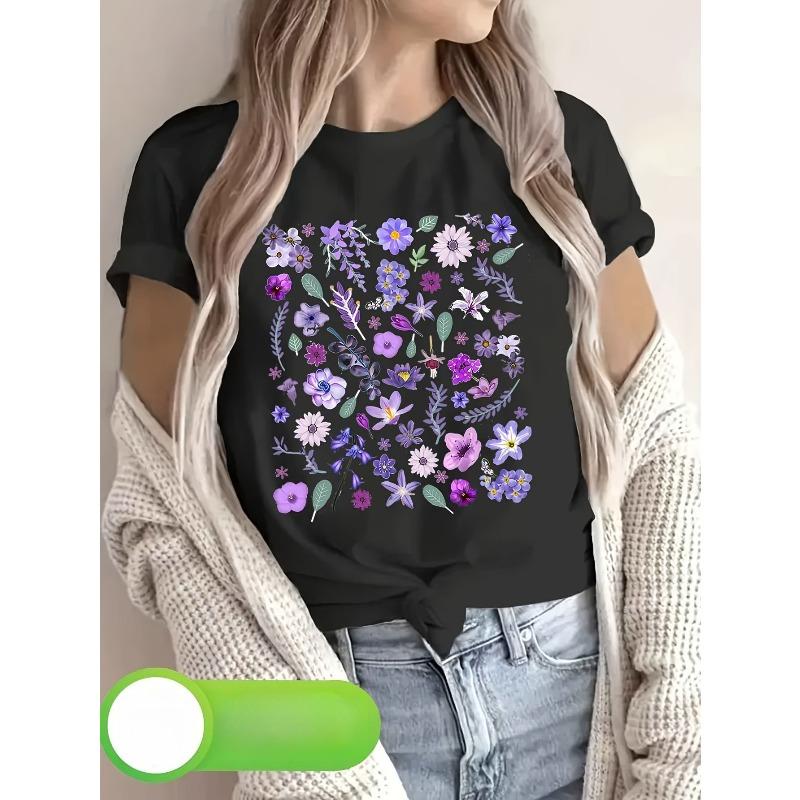 European sizes Women's Floral Print T-Shirt - Short Sleeve Crew Neck Casual Top with Vibrant Multicolor Flowers on Black, Breathable& Machine Washable