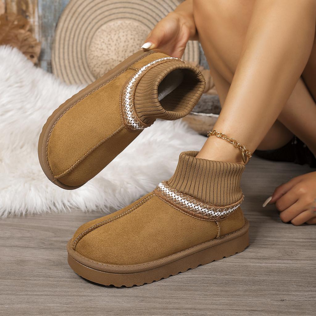 Casual Ethnic Embroidery Snow Boots Women  Soft Thick Bottom Short Plush Snow Boots Winter Warm Knitted Boot Tube Shoes