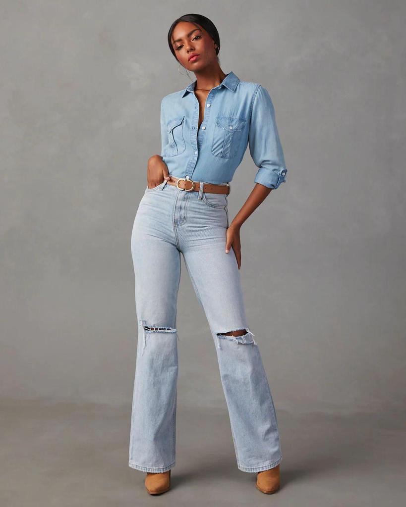 Women's Long-Sleeve Denim Shirt with Turn-Down Collar - Casual, European and American Style (Style 16810)