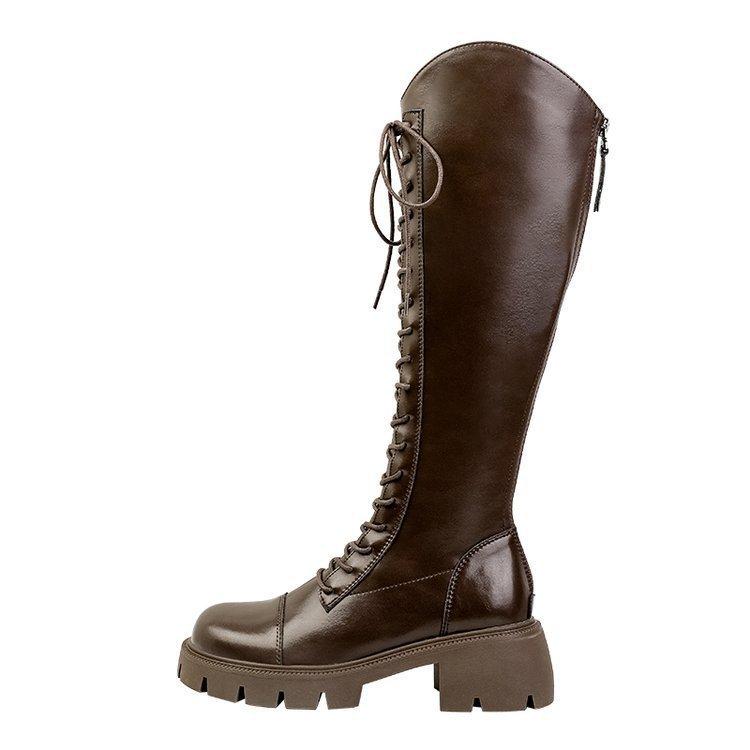 2024 New Boots Women's Spring, Autumn and Winter V-mouth Skinny Versatile Thick Heel Thick Bottom Brown Tall Boots Knight