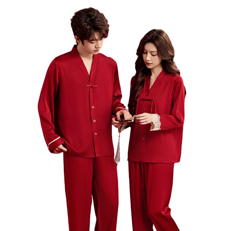 Couple's Chinese Style Pajama Set Long Sleeve Ice Silk Red Sleepwear Men’s Spring Autumn Wedding Gift Loungewear