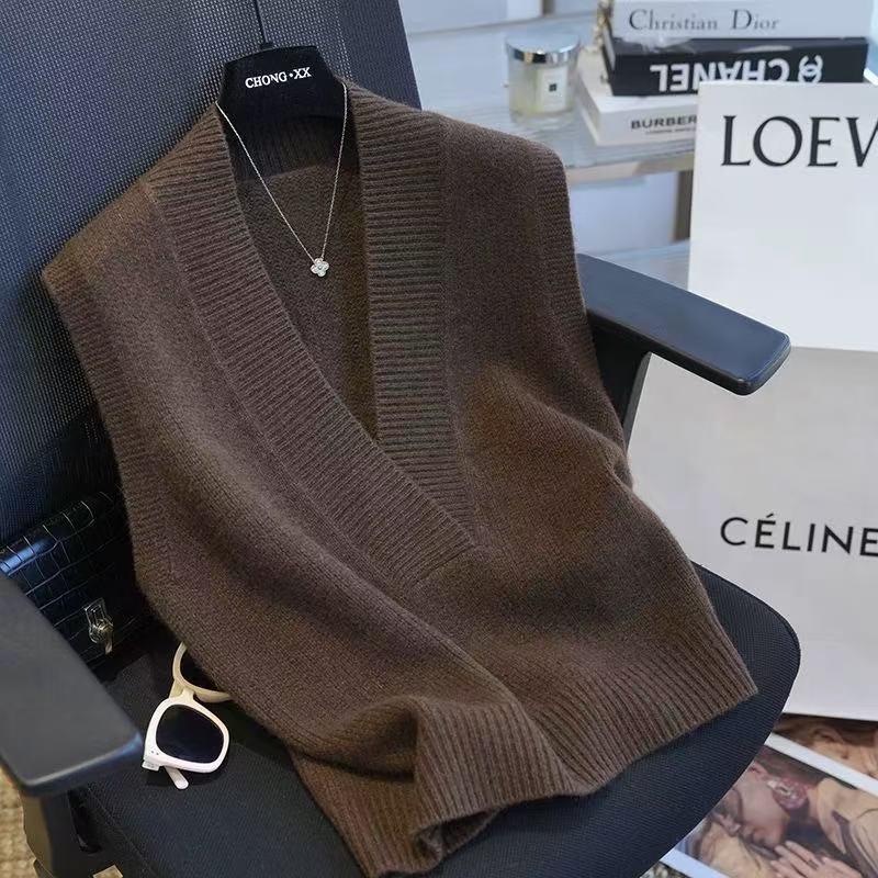 

Жіночий вовняний трикотажний жилет великого розміру з V-подібним вирізом - Вільний, що стрункіший, європейський стиль для осені та зими Extra Large кавовий