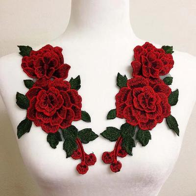 Fashion Elegant 3D Flower Embroidery Flower Applique Red 24*12CM Sew On Patch Floral Patches Dress Hat Bag Jeans Applique