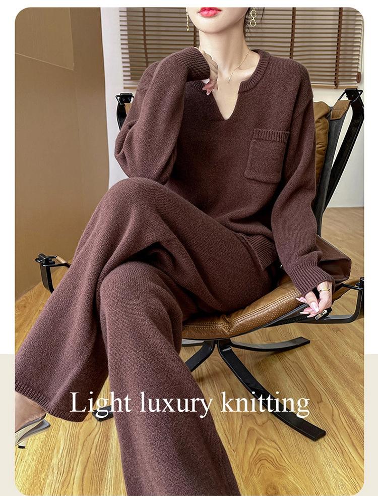 Casual Two-Piece Plus Size Wide-Leg Pants Knitwear Suit with Pockets