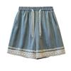 Plus Size Women's Lace Trim Denim Shorts - Loose Wide Leg Casual Capris