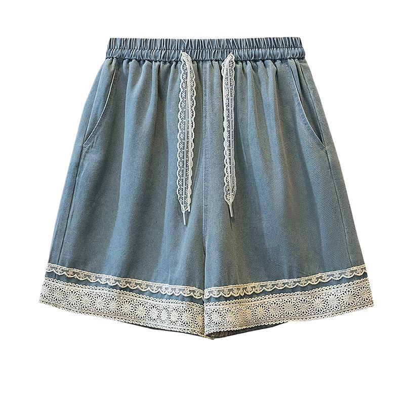 Plus Size Women's Lace Trim Denim Shorts - Loose Wide Leg Casual Capris