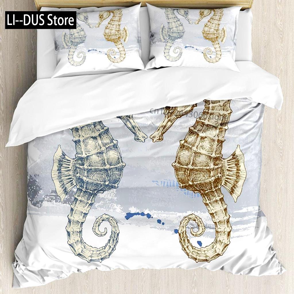 

Комплект постельного белья с изображением морского конька, пододеяльник с изображением морских животных, подводный мир, оранжевый коралл, морская жизнь, морской еж, мягкий декор для спальни для женщин и детей EU single(135x200cm)