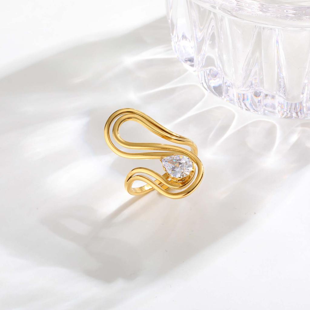 Cubic Zircon Irregular Hollow Opening Ring for Women, Geometric Twist Lines Stainless Steel Ring, Fashion Waterproof Jewelry