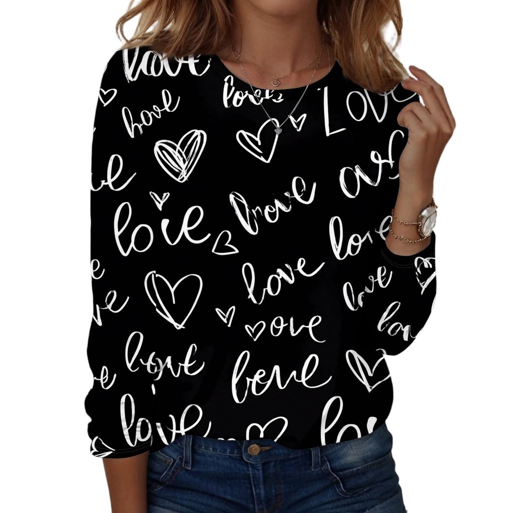 Women's Heart,shaped Printed Round,neck Loose Long,sleeved Top
