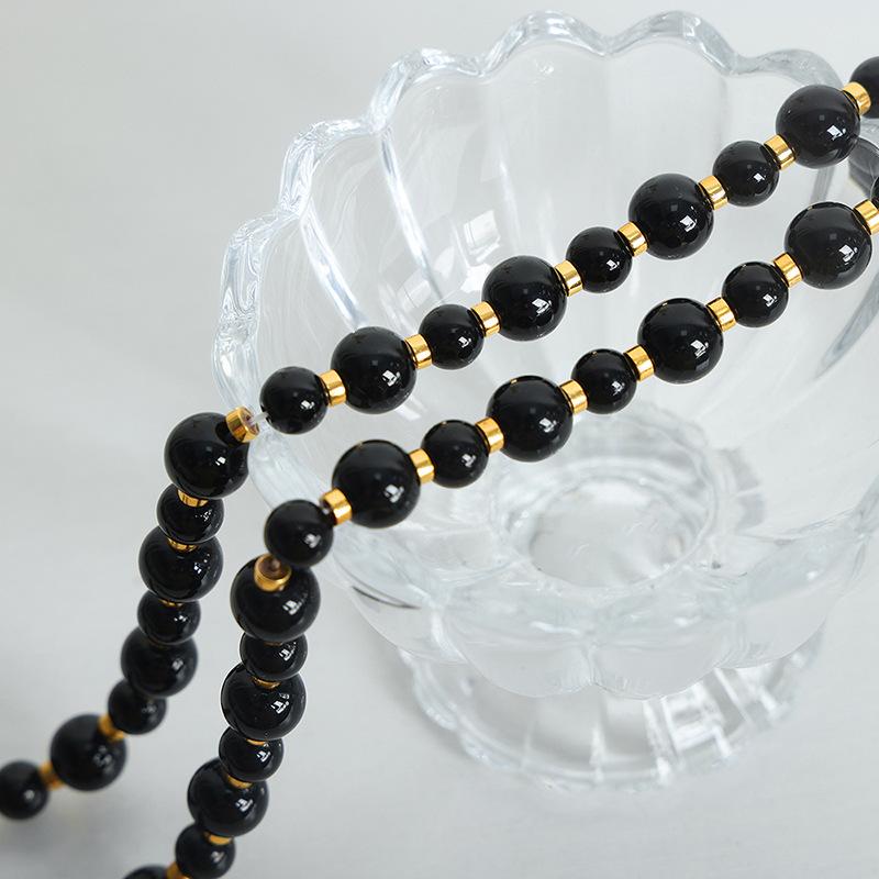 French Light Luxury Natural Stone Black Agate Round Beads Beaded Handmade Necklace Titanium Steel Ot Buckle Versatile Sweet Girl Collarbone Chain