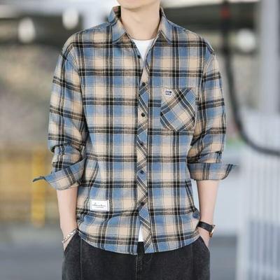 Primavera y otoño nuevo a cuadros camisa de solapa para hombres versión coreana de camisa suelta versátil casual de manga larga versátil