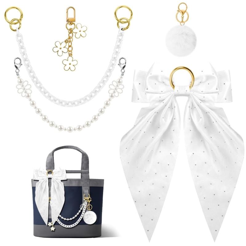 

Pack of 5 Multifunctional DIY Charm Accessories with Elegant Bowknot Design Soft Plush Ball Pearls Strand Decors for Keys Bags Enhancement