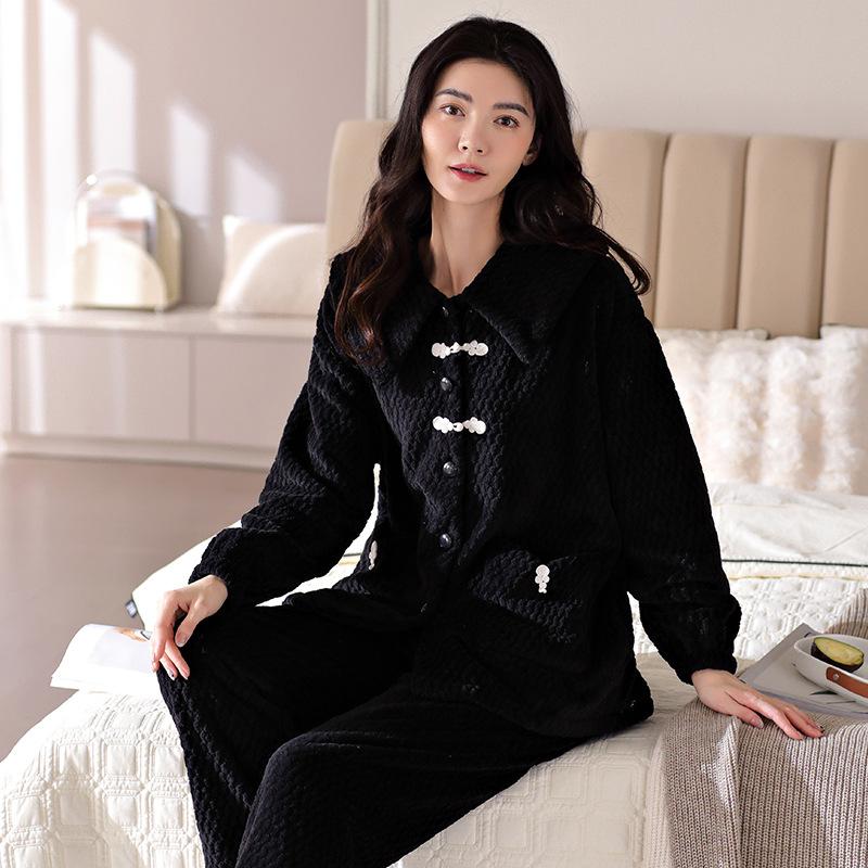 Autumn and winter pajamas women's coral fleece fleece warm simple casual carved flannel outerwear loungewear suit winter