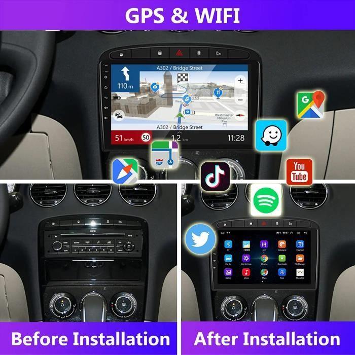 Autoradio Android Podofo - Peugeot 308/408 - 9" Écran Tactile - GPS WiFi Bluetooth - Caméra Arrière AHD