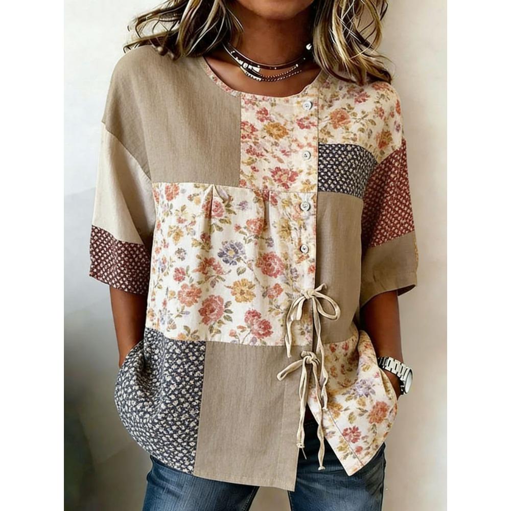 Women's Retro Floral Patchwork Drawstring Button Up Blouse, Casual Round Neck Tops for Spring Summer Daily Vacation Wear