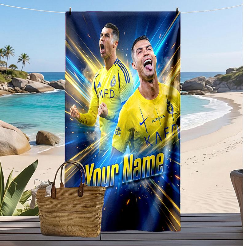 Cristiano Ronaldo Personalizovaný Potlačený Plážový Uterák Futbalové Logo Podpora Vlastné Meno Text Absorpčný Uterák Na Šport Cestovanie Špeciálny Darček 70cmx140cm(27x55inch) yellow