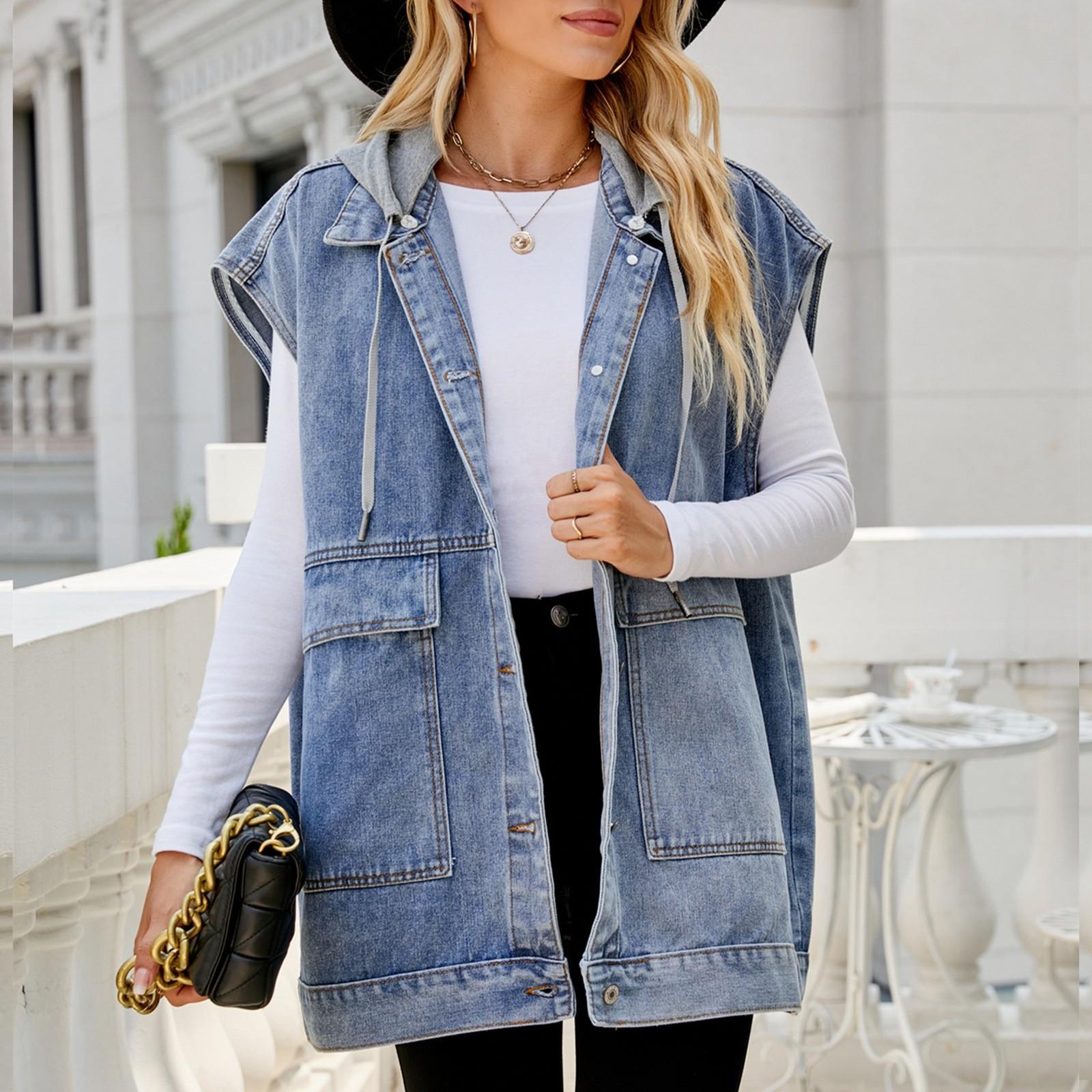 

Женская повседневная свободная винтажная джинсовая жилетка с капюшоном M