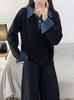 Women's Loose Polo Collar Denim Patchwork Two-Piece Sweater - Autumn Winter 2026 Knitwear Fashion Top
