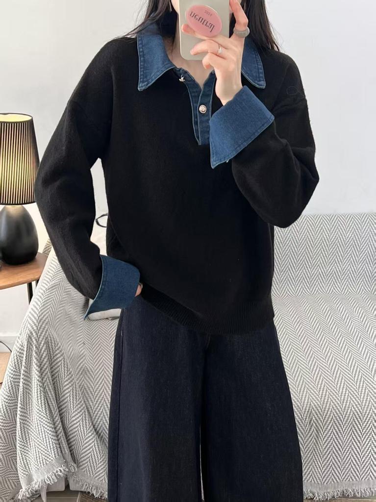 Women's Loose Polo Collar Denim Patchwork Two-Piece Sweater - Autumn Winter 2026 Knitwear Fashion Top