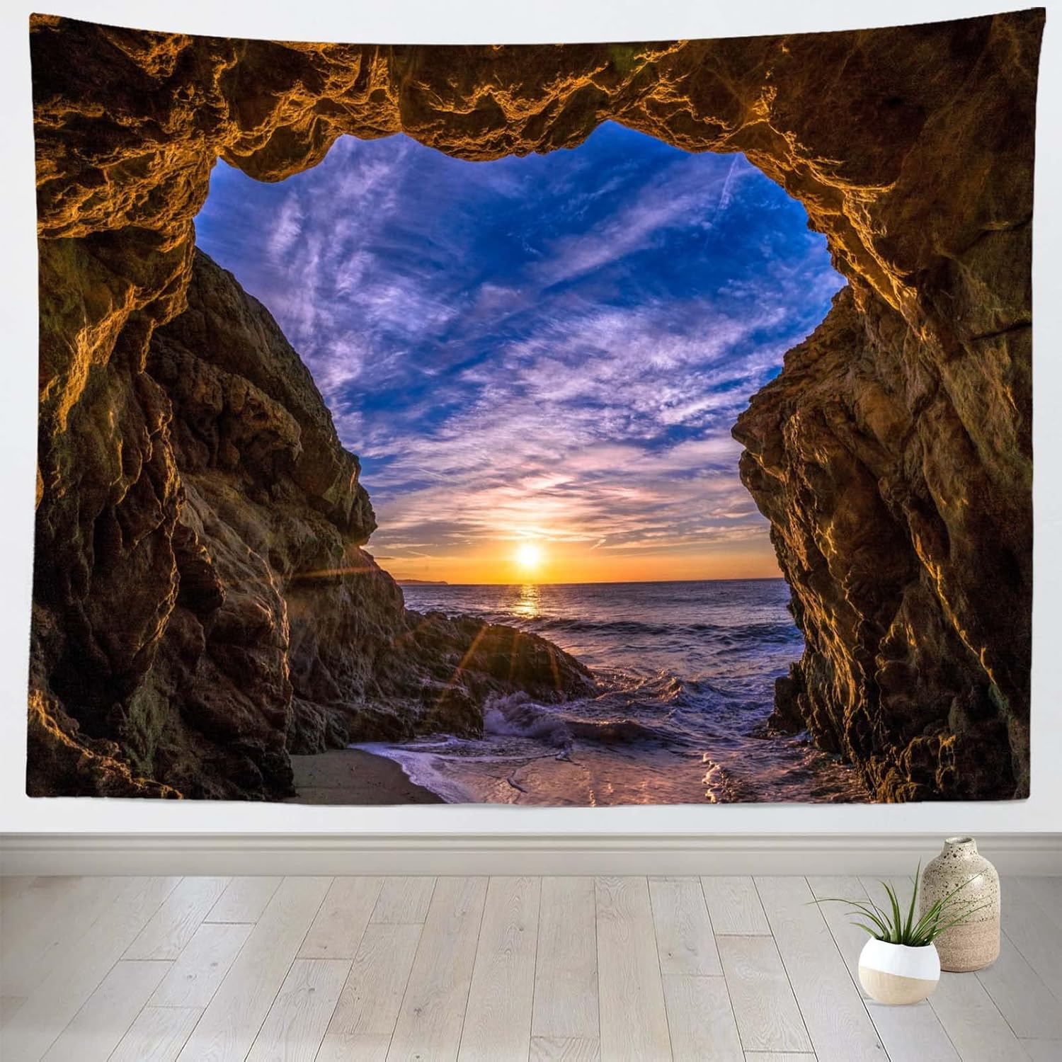 

Loccor Sea Cave Tapestry Blue Ocean Water Waves Rocks Scenic Tapestries Nature Beach Island Landscape Wall Hanging for Bedroom A 180x280cm