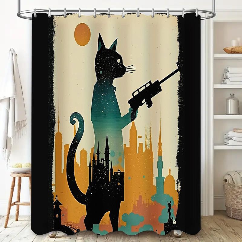 Cat Silhouette Gun Shower Curtain Modern Abstract Home Decor Bathroom Set Artistic Wildlife Print Wall Hanging