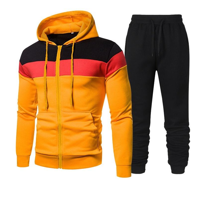 Spring and Autumn Men's Fashion Color Matching Splicing Suit Hooded Running Outdoor Sports Suit Men's Sweater
