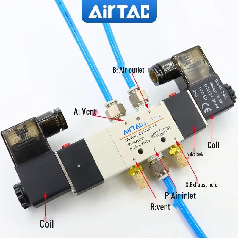 Airtac 3-Position 5-Way Pneumatic Solenoid Valve CN plug (adapter included)