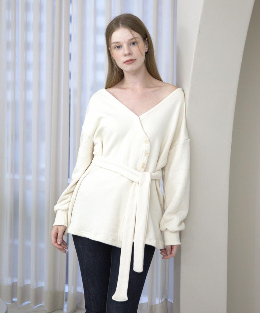 Cattline Off-Shoulder Wrap Strap Cardigan (Ivory)