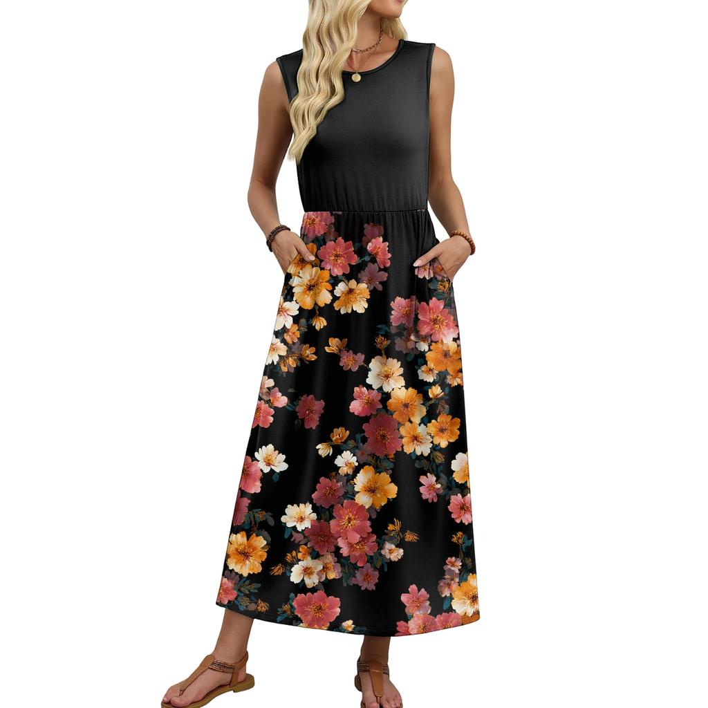 Women Sleeveless Floral Print Casual Waist Dress Crew Neck Maxi Dress Lightweight Soft Fabric for Everyday Wear