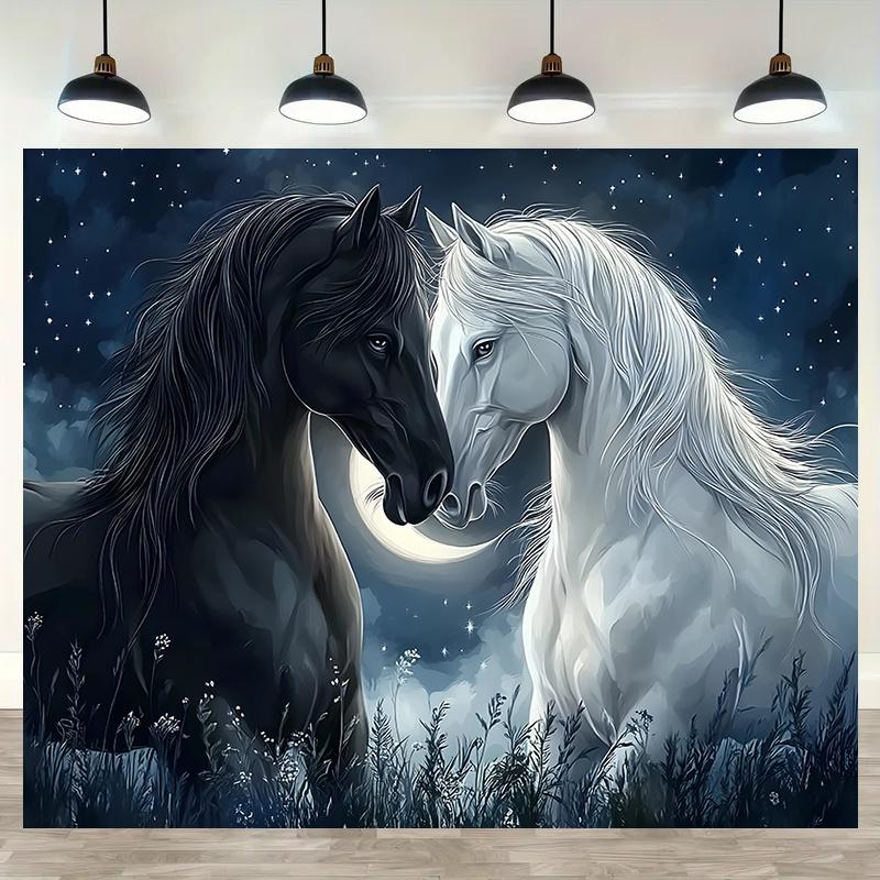 Black And White Horses Wall Tapestry Moon Night Sky Starry Field Art Decor For Living Room Bedroom Home Interior Design