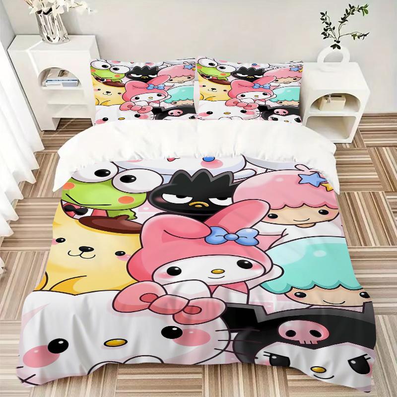 3pcs My Melody & Friends Quilt Cover Set (1 Quilt Cover + 2 Pillowcases Without Pillow Core), High-Definition Printing for Home and Dormitory.W06