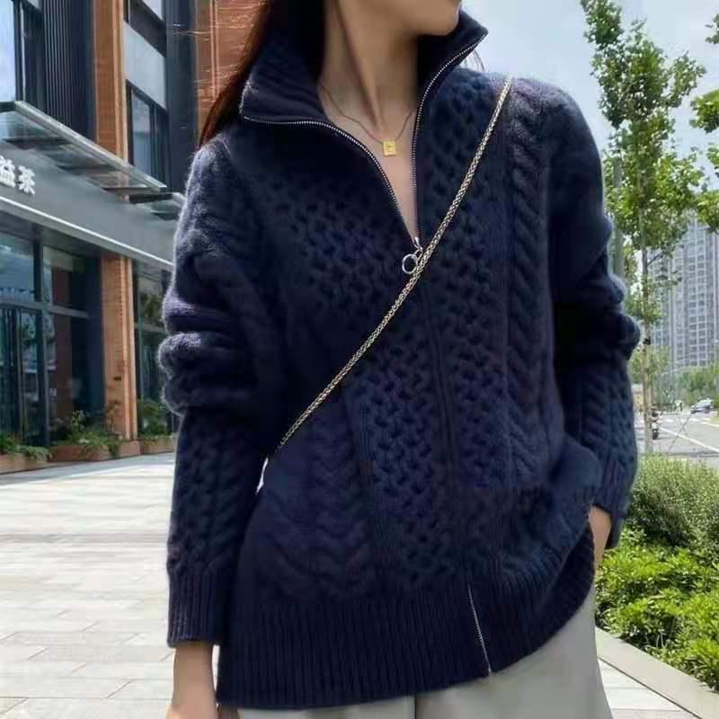 Women's High Neck Zipper Cable Knit Wool Cardigan - Soft, Thick, and Loose Fit Sweater for Autumn and Winter