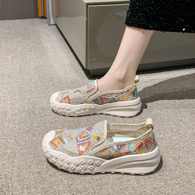 CRLAYDK Women's Sequin Loafers Printed Driving Moccasins Casual Slip On Comfortable Ladies Lightweight Walking Flat Shoes